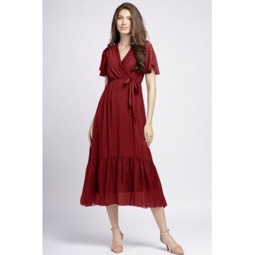 Rochie lunga din matase naturala cu bust petrecut, bordo
