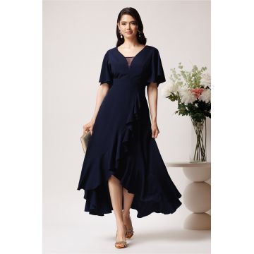 Rochie lunga eleganta din crep bleumarin cu volan pe fusta