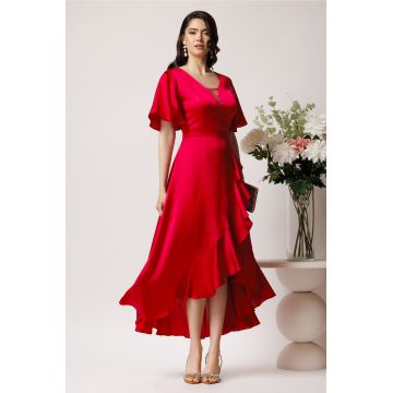 Rochie lunga eleganta din satin rosu zmeura cu volan pe fusta
