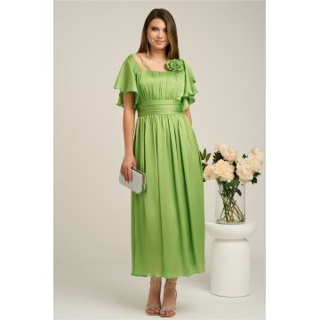 Rochie lunga eleganta din voal verde cu floare la bust- Moze