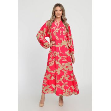 Rochie lunga, fucsia, A-line cu imprimeu abstract bej, din vascoza