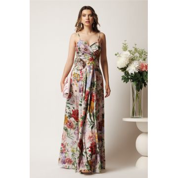 Rochie lunga ivory cu flori colorate din satin in clos cu fusta petrecuta si crapatura- LaDonna