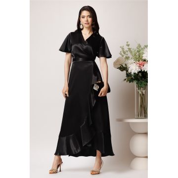 Rochie lunga neagra din satin cu croi petrecut
