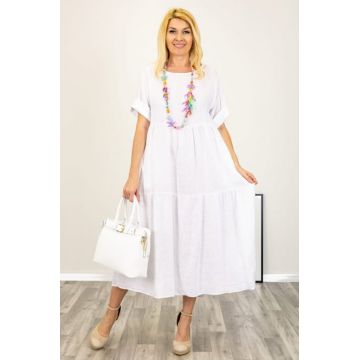 Rochie lunga oversize din in, cu volane, alba