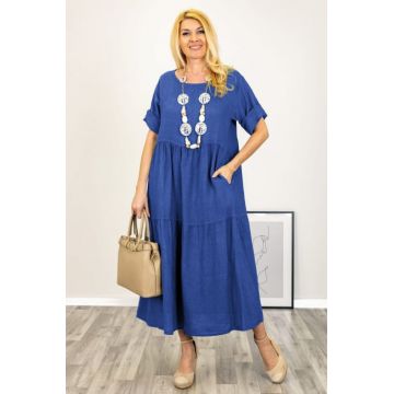 Rochie lunga oversize din in, cu volane, albastra