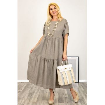 Rochie lunga oversize din in, cu volane, bej inchis