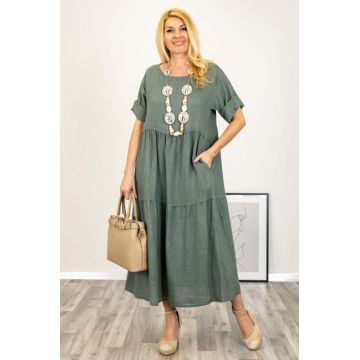 Rochie lunga oversize din in, cu volane, kaki