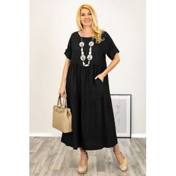 Rochie lunga oversize din in, cu volane, neagra