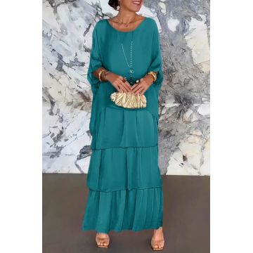 Rochie lunga suprapusa din matase naturala, cu trei volane mari si maneca cazuta, turcoaz inchis