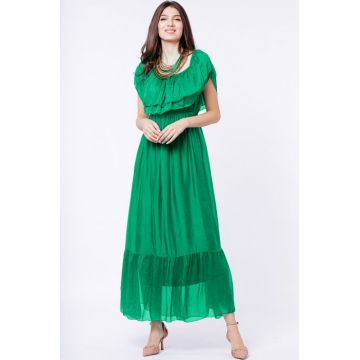 Rochie lunga, verde, din matase si vascoza, cu volan pe umeri