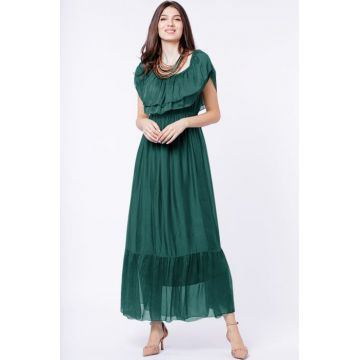 Rochie lunga, verde inchis, din matase naturala, cu volan pe umeri