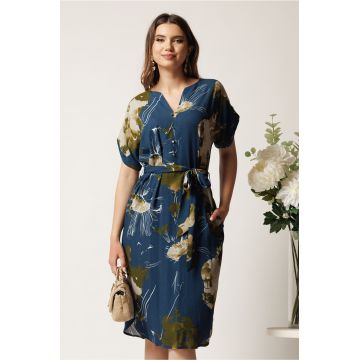 Rochie midi bleumarin cu imprimeuri kaki si cordon in talie
