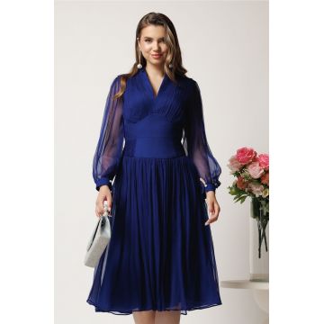 Rochie midi bleumarin in clos din matase naturala- Leonard Collection