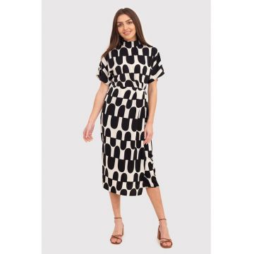 Rochie midi cu imprimeu abstract - Negru/Crem - DA1728 BLACK/CREAM