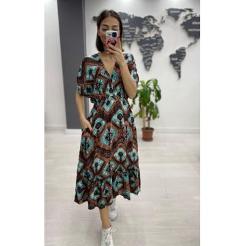 Rochie midi din bumbac, cu elastic in talie si imprimeu turcoaz pe fond maro