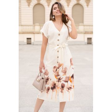 Rochie midi din in alba cu imprimeuri florale maro la baza si cordon in talie