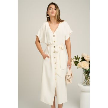 Rochie midi din viscoza alba cu nasturi si cordon in talie