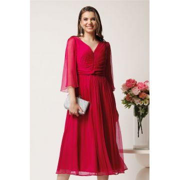 Rochie midi fucsia in din matase naturala cu maneci evazate- Leonard Collection