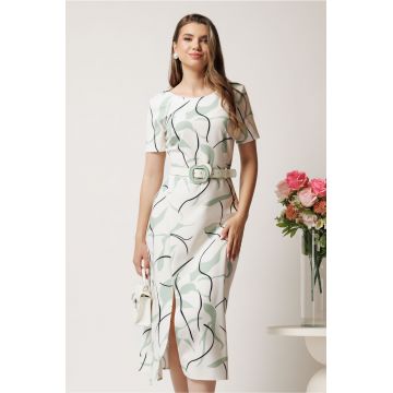 Rochie midi ivory cu imprimeu verde mint si curea detasabila in talie