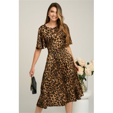 Rochie midi maro din satin in clos cu print leopard