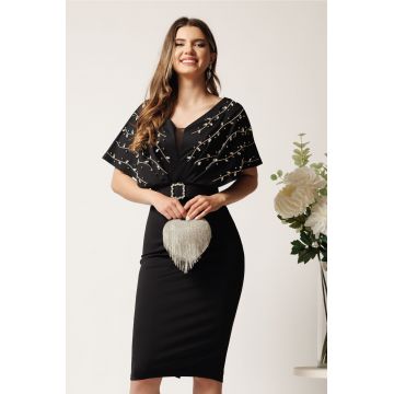 Rochie midi neagra din neopren conica cu strasuri pe bust si curea in talie