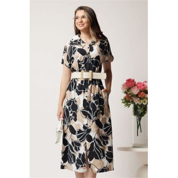 Rochie midi neagra din viscoza cu imprimeu bej si curea in talie