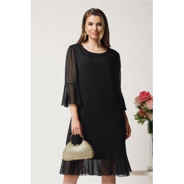 Rochie midi neagra din voal cu picatele si insertii din fir lurex