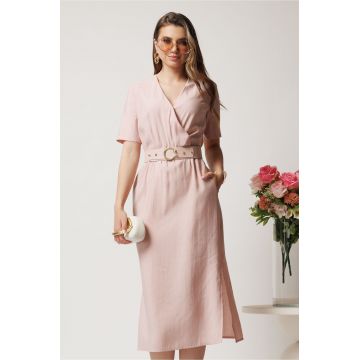 Rochie midi roz cu elastic si curea in talie