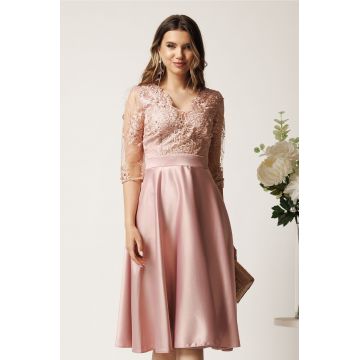 Rochie midi roz din tafta in clos cu dantela la bust - Ella Collection Inna