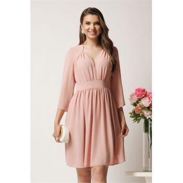 Rochie midi roz in clos din voal cu pliuri la bust