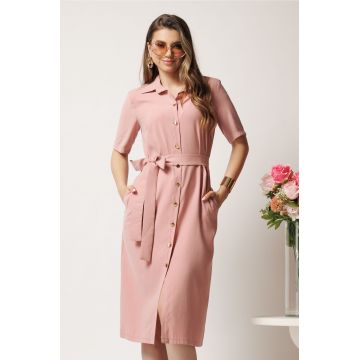 Rochie midi roz tip camasa cu nasturi si cordon in talie