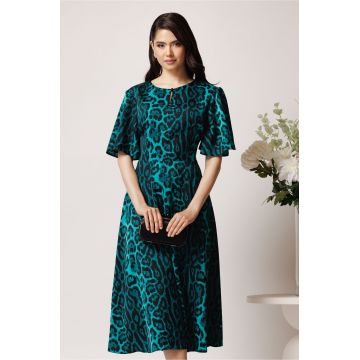 Rochie midi verde din satin in clos cu print leopard