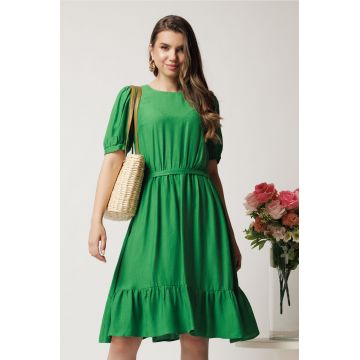 Rochie midi verde in clos din viscoza cu volan la baza- Moze