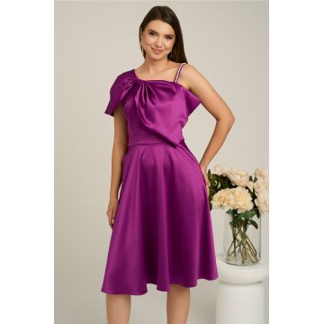 Rochie Moze eleganta din satin mov cu funda la bust si bretea cu perle