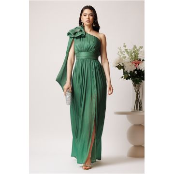Rochie Moze lunga din voal verde cu floare maxi pe umar