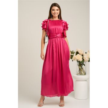 Rochie Moze lunga eleganta din voal fucsia cu volanase la maneci- Moze