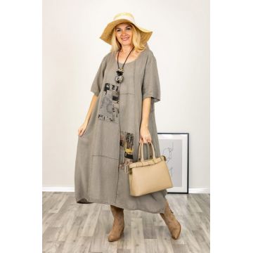 Rochie oversize A-line, din in cu snur in partea de jos, bej inchis