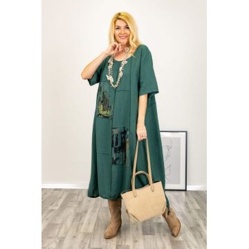Rochie oversize A-line, din in cu snur in partea de jos, verde forest