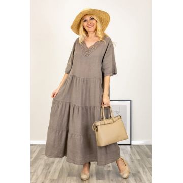 Rochie oversize cu volane si dantela la decolteu, din in bej inchis