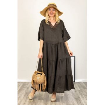 Rochie oversize cu volane si dantela la decolteu, din in maron ciocolata