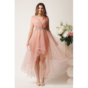 Rochie roz cu lungime asimetrica din tull in clos cu cordon in talie- Ella Collection Isabel