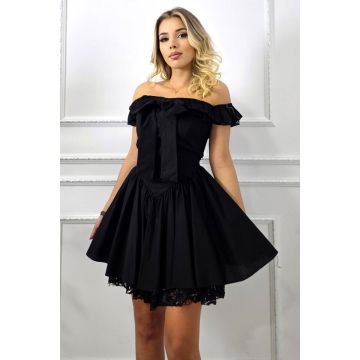Rochie scurta babydoll VYVYE, cu volane si dantela, Negru, Marime S/M