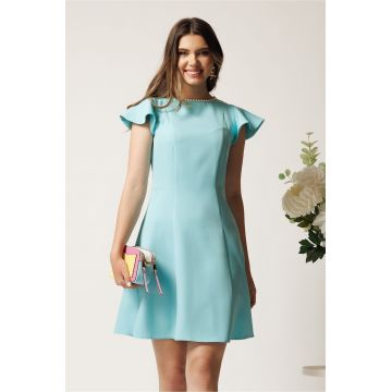 Rochie scurta bleu din stofa in clos cu perlute la decolteu- Moze
