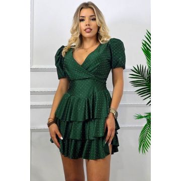 Rochie scurta de ocazie NAYABI, cu volane si cristale, Verde inchis, Marime S/M