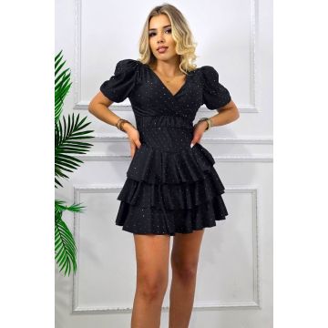 Rochie scurta de party NAYABI, cu volane si cristale, Negru, Marime S/M