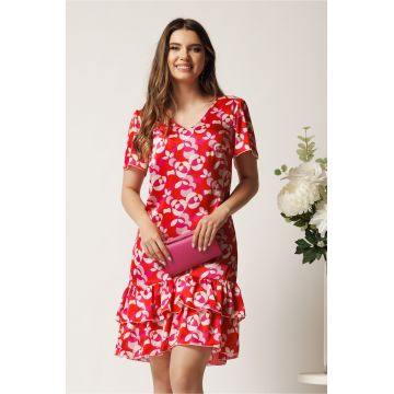 Rochie scurta fucsia din voal lejera cu print rosu si volane la baza- Moze
