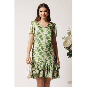 Rochie scurta verde din voal lejera cu print bej si volane la baza- Moze