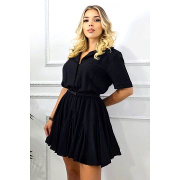 Rochie vascoza cu volane Peony Pearl, tip camasa si curea inclusa, Negru, Marime S/M