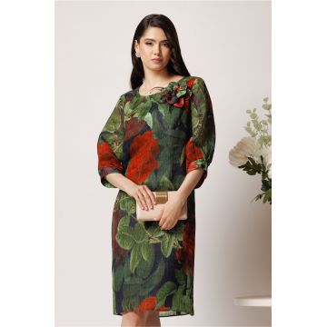 Rochie Viada din organza verde cu imprimeu si floare la bust