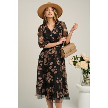 Rochie Viada din voal neagra cu imprimeuri bej si floare la bust Rochie Viada din voal neagra cu imprimeuri bej si floare la bust